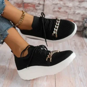 Panolifashion Women'S Plus Size Fly Woven Breathable Upper Chain Wedge Lace-Up Sneakers