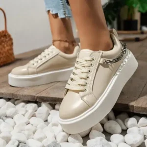 Panolifashion Women'S Fashion Round Toe Chain Lace Up Low Top Solid PU Thick-Soled Sneakers