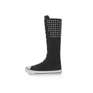 Panolifashion Women Fashion Rivet Decor Side Zipper Canvas High Boots