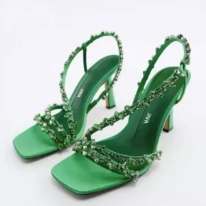 Panolifashion Women Fashion Plus Size Sexy Rhinestone Strap Square Toe Heeled Sandals