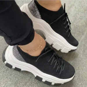 Panolifashion Wedge Heel Flying Woven Colorblock Lace-Up Sneakers Large Size Casual Low Top Women Shoes