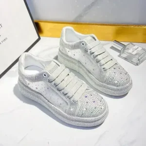 Panolifashion Women Fashion Sparkling Rhinestones Decorative Lace-Up Design Platform Sneakers