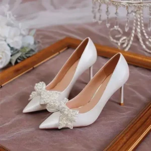 Panolifashion Women Fashion Sexy Pointed Satin Pearl Pointed Toe Shoes