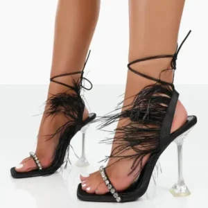 Panolifashion Women Fashion Sexy Rhinestone Feather Decorative Solid Color High Heel Sandals Shoes