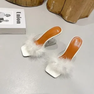 Panolifashion Women Fashion Sexy Feather Decoration Solid Color Chunky High Heel Slippers Shoes