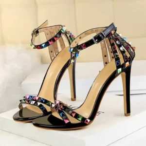 Panolifashion Fashion Women Sexy 11cm High Heels Rivets Studded Sandals Ankle Buckle Strap Stiletto Shoes