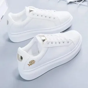 Panolifashion Women Casual Fashion Rose Embroidery Thick-Soled Comfortable PU Leather White Sneakers