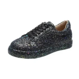 Panolifashion Women Creative Casual Sequined Solid Color Lace-Up Low-Top Flat Sneakers