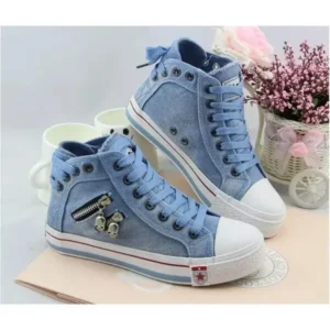 Panolifashion Women Casual Spring Zipper Decor Lace-Up High Top Denim Canvas Sneakers