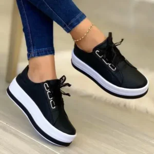 Panolifashion Women Casual Round Toe Lace-Up Block Color Platform Shoes PU Sneakers