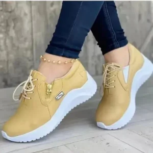 Panolifashion Women Casual Round Toe Low Cut Lace-Up PU Side Zipper Design Solid Color Sneakers