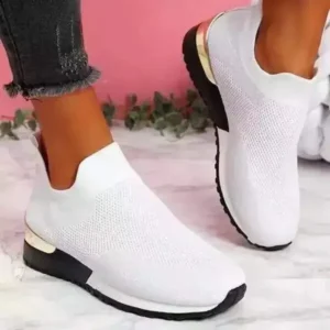 Panolifashion Women Casual Round Toe Solid Color Breathable Mesh Upper Wedges Slip On Sneakers