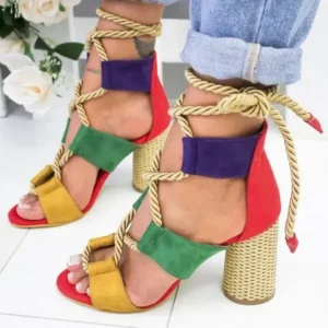 Panolifashion Women Fashion Sexy Cross Hollow Lace Up Design Color Blocking High Heel Sandals Shoes