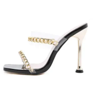 Panolifashion Women Sexy Plus Size Metal Chain Square-Toe High Heel Sandals