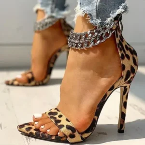 Panolifashion Women Sexy Metal Chain Buckle Ankle Strap Animal Printed High Heels