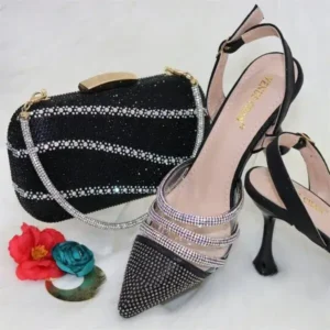 Panolifashion Women Classic Black Pointed Shoes Transparent Pvc Rhinestone Chain Square Hand Bag Set