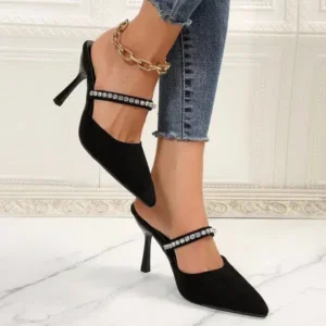 Panolifashion Summer Women Fashion Plus Size Elegant Pointed Toe Strap Rhinestone Stiletto Heel Slippers