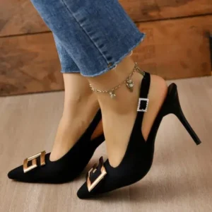 Panolifashion Summer Women Fashion Casual Plus Size Solid Color Pointed Toe Metal Buckle Sling Back High Heel Sandals