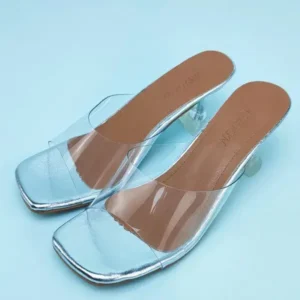 Panolifashion Women Fashion Casual Square Toe Transparent Design Mid Heel Slippers