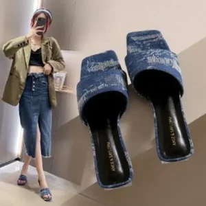 Panolifashion Women Fashion Casual PU Denim Square Toe Chunky Heel Slippers