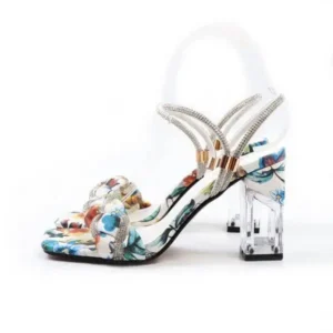 Panolifashion Women Fashion Sexy PU Rhinestone Floral Printed Square Toe Chunky Heel ?Sandals