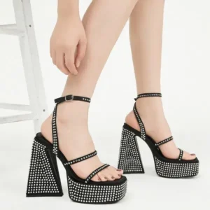 Panolifashion Women Fashion Sexy PU Rhinestone Solid Color Round Toe Platform Chunky Heel Ankle Strap Buckle Sandals6