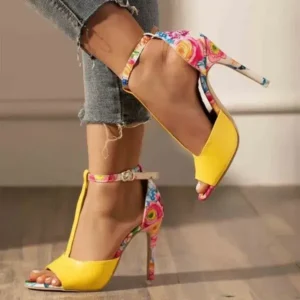 Panolifashion Women Fashion Sexy Floral Printed Peep Toe Stiletto Heel Ankle Strap Buckle Sandals