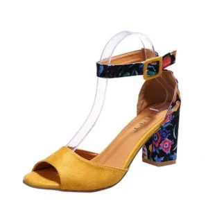 Panolifashion Women Fashion Sexy PU Floral Printed Peep Toe Chunky Heel Ankle Strap Buckle Sandals