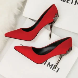 Panolifashion Women Fashion Sexy PU Solid Color Pointed Toe Metal Stiletto Heel Pumps