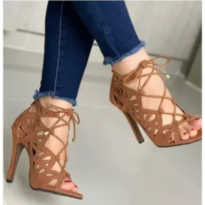 Panolifashion Women Fashion Sexy Solid Color Hollow Peep Toe Stiletto Heel Bandage Sandals