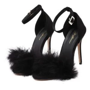 Panolifashion Women Fashion Sexy PU Solid Color Feather Peep Toe Stiletto Heel Ankle Strap Buckle Sandals