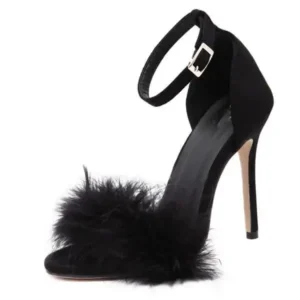 Panolifashion Women Fashion Sexy Solid Color Feather Peep Toe Stiletto Heel Ankle Strap Buckle Sandals