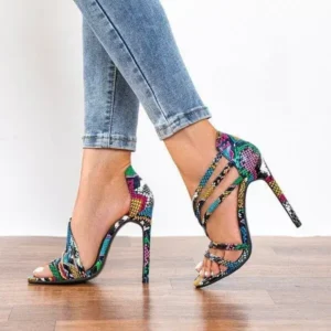 Panolifashion Women Fashion Sexy PU Snake Patterned Pointed Toe Stiletto Heel Sandals