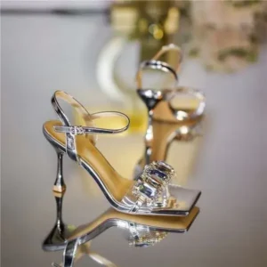 Panolifashion Women Fashion Sexy PU Rhinestone Square Toe Ankle Strap Buckle Stiletto Heel Sandals