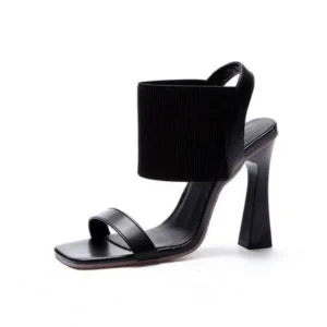 Panolifashion Women Fashion Elegant Solid ColorPU Square Toe Chunky Heel Elastic Sandals