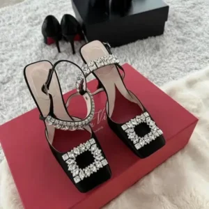 Panolifashion Women Fashion Elegant PU Square Toe Rhinestone Stiletto Heel Ankle Strap Buckle Sandals