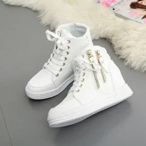 Panolifashion Women Fashion Solid Color Side Zipper Lace-Up Round Head Thick-Soled Sneakers