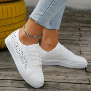 Panolifashion Women Fashion Solid Color Plus Size Hollow Lace-Up Round-Toe Sneakers