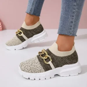 Panolifashion Women Fashion Color Block Metal Chain Thick-Soled Breathable Fly-Woven Sneakers