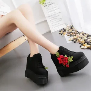 Panolifashion Women Fashion Casual PU Floral Printed Thick-Soled Lace-Up Canvas Sneakers