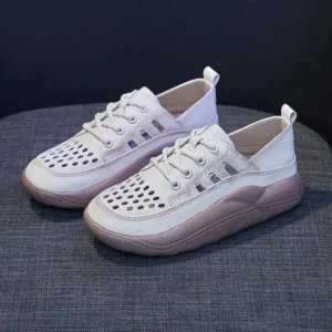 Panolifashion Women Fashion Casual Solid Color PU Lace-Up Hollow Breathable Sneakers