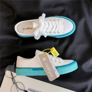 Panolifashion Women Fashion Cream Blue Canvas Lace-Up Sneakers