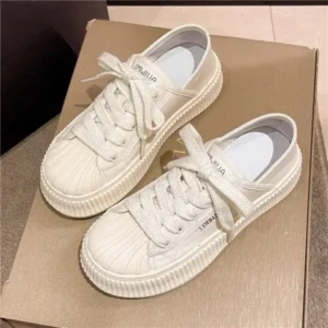 Panolifashion Women Fashion Shell Toe Platform Solid Color Lace-Up Sneakers