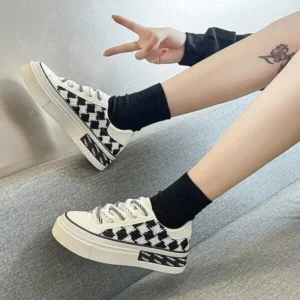 Panolifashion Women Fashion Platform Checkerboard Canvas Sneakers