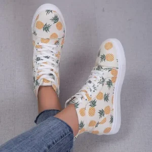 Panolifashion Women Fashion Round Toe Lace-Up Pineapple Strawberry Flat Sneakers