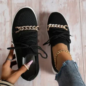 Panolifashion Women Fashion Round Toe Rhinestone Metal Decoration Lace-Up Mesh Sneakers